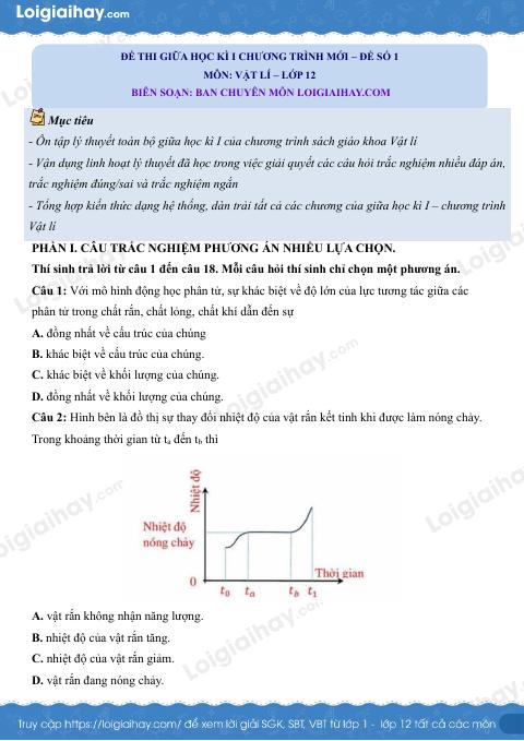 Đề thi giữa học kì 1 Vật lí 12 Chân trời sáng tạo - Đề số 1